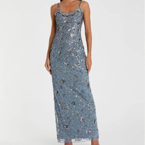 Mac Duggal  Blue Floral Embellished Scoop Neck Evening Gown Size 0 New With Tags